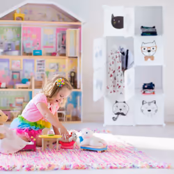 Relaxdays Etagère plug-in Chambre d'enfants, motif chats, 7 casiers, tringle à vêtements HxlxP:145 x 74 x 36,5 cm,blanc