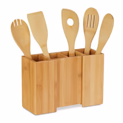 Relaxdays Support à ustensiles de cuisine en bambou Lot de 5 cuillères Rangement séparable 17 x 25 x 10 cm naturel