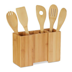 Relaxdays Support à ustensiles de cuisine en bambou Lot de 5 cuillères Rangement séparable 17 x 25 x 10 cm naturel