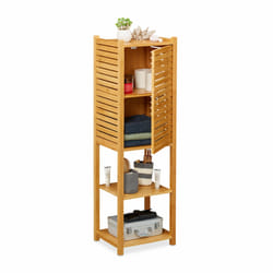 Relaxdays - Etagère de salle de bain en bambou, 5 rangements, avec porte, salle de bain, cuisine, 113 x 35 x 29 cm, nature