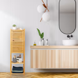 Relaxdays - Etagère de salle de bain en bambou, 5 rangements, avec porte, salle de bain, cuisine, 113 x 35 x 29 cm, nature