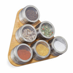 Relaxdays - tagère à épices bambou, 6 pots inox, support à épices, rangement magnétique aimanté, nature