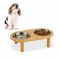Relaxdays - cuelle pour petits chiens, 2 gamelles de 300 ml, surélevé, bambou & acier, 9,5x34,5x18 cm, naturel, argenté