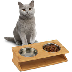 Relaxdays - Gamelles, Chats et petits chiens, 2 bols de 300 ml chaque, bambou et acier, 12x39x19,5 cm, naturelle/argentée