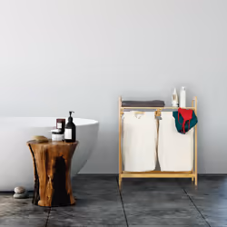 Relaxdays Panier à linge bambou 2 sacs à linge 2 compartiments surface de rangement coffre à linge, 60 L, nature