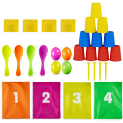 Relaxdays - jeux fêtes d'enfants, jeu de 3 en 1, de jardin anniversaire, saut en sac, course avec oeufs, lancement