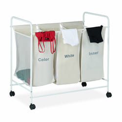 Panier à linge 3 Compartiments, 100 litres Corbeille 3 bacs Sac a Linge roulettes, 76 x 80 x 46cm, beige - Relaxdays