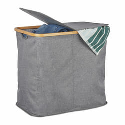 Panier à linge tissu bambou, Coffre à linge pliable, Corbeille à linge, 2 compartiments, 74 l, gris - Relaxdays