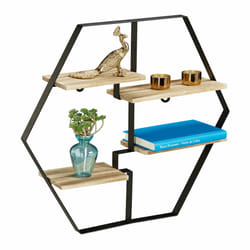 Relaxdays - tagère Murale hexagone 6 côtés Tablette Mur 4 étages, Bois métal fer, hexagonale, 52x60x12 cm, noir/nature