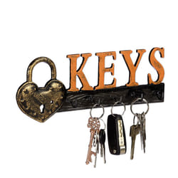 Relaxdays - Panneau à clés, 5 crochets, Cadenas & écriture Keys, fonte de fer, vintage, hlp 10x26x3 cm, orange/noir