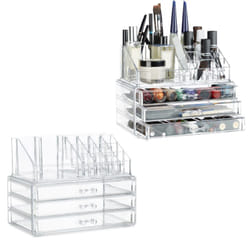 Relaxdays - Organiseur de maquillage, lot de 2, boîte rangement Make up avec tiroirs, support empilable, transparent