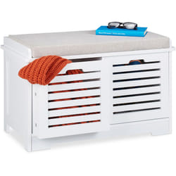 Relaxdays - Banc avec espace rangement, 2 paniers, banc cuisine rembourré, style campagnard, commode,HxlxP44x72x35cm,blanc
