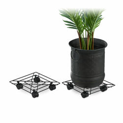 Relaxdays - Support roulant pour plantes, 2, rond, intérieur et extérieur, freins, Plateau roulant, 28 cm, métal noir,