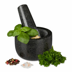 Relaxdays Mortier en granit avec pilon, robuste, pour épices, herbes, mortier en pierre polie, d. 8,5 cm, 400 ml, gris