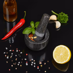 Relaxdays Mortier en granit avec pilon, robuste, pour épices, herbes, mortier en pierre polie, d. 8,5 cm, 400 ml, gris