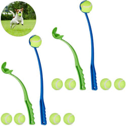 Relaxdays - Lanceur de balle pour chiens, lot de 4, Lanceur de balles, 10 balles de tennis incluses, pour chien, bleu/vert