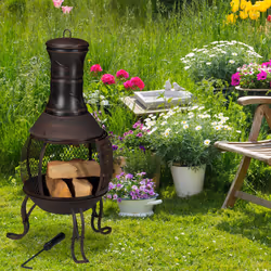 Relaxdays - brasero mexicain, tisonnier, gril en bois, pare-étincelles, jardin, terrasse, antique, h 89 cm, rouge-bronze