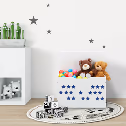 Coffre à jouets avec couvercle, rangement pour enfant, design étoilé, caisse à jeux, 40x60x30 cm, blanc/bleu - Relaxdays