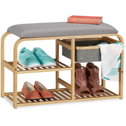 Banc chaussures siège, rembourré, entrée et garde robe, meuble étroit en bambou HxlxP 45x69x30 cm, gris/nature - Relaxdays