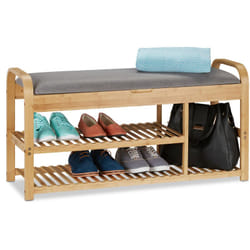 Banc chaussures avec siège, Espace de rangement, rembourré, bas, en bambou, HxlxP 50x100,5x33 cm, gris/nature - Relaxdays