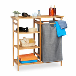 Relaxdays - Etagère de salle de bain avec corbeille, bambou, 4 étages, panier amovible, 80,5 x 80 x 33,5 cm, nature/gris
