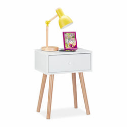 Relaxdays Table de nuit, scandinave, rétro, meuble d’appoint avec tiroir, HLP 55x42x30cm, chambre à coucher, blanc