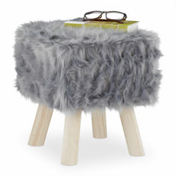 Relaxdays Tabouret en fourrure Synthétique ,ottomane , pieds en bois, table de maquillage, HlP 37x32x32cm, gris