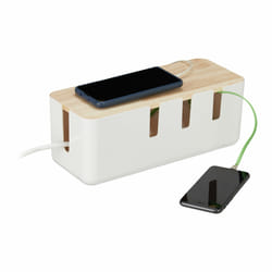Relaxdays - Boîte à câbles grande, pour multiprises, plastique & bois, cacher fils, 11,5x30x12,5 cm, rangement, blanc