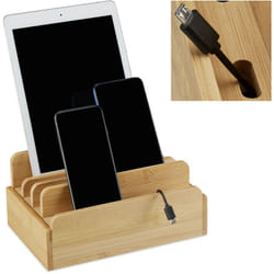 Relaxdays Station de recharge en bambou, plusieurs appareils, tablettes & smartphone, câble, 10x22,5x15 cm, nature