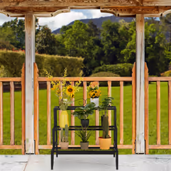 Relaxdays étagère extérieure jardin, métal, 3 niveaux, extérieur et intérieur, avec ornement, HLP 69x70x60 cm, noir