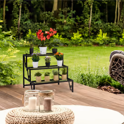 Relaxdays étagère extérieure jardin, métal, 3 niveaux, extérieur et intérieur, avec ornement, HLP 69x70x60 cm, noir