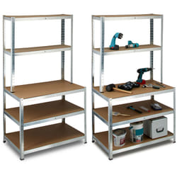 Etagère charge lourde, lot de 2, avec établi, jusqu'à 900 kg, 5 niveaux, métal et mdf, HxLxP : 180 x 100 x 60 cm, gris