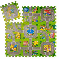 Ce tapis de jeu coloré avec son motif de rue va sûrement faire plaisir à vos petits. Le tapis de bébé carré se compose de 9 t ...