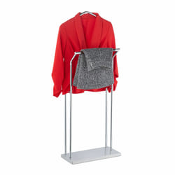 Valet, pour costume & pantalon, mélange bois-métal, chambre, portant vêtements, 110x46x19 cm, argenté/brun - Relaxdays