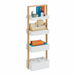 Relaxdays - Etagère de bain, 4 étages, en bambou et mdf, pour salle de bain, Meuble étroit HlP 88x30x18 cm, blanc/nature