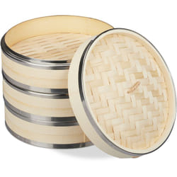 Relaxdays Cuiseur vapeur bambou, 3 niveaux, anneaux en métal, panier asiatique, riz, dimsum, légumes, Ø 24 cm, nature