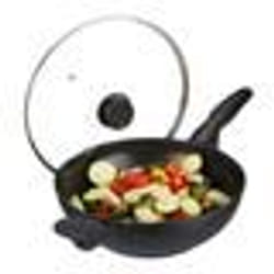 Relaxdays Poêle à wok couvercle en verre 30 cm poignée revêtement antiadhésif induction four à gaz et électrique4l