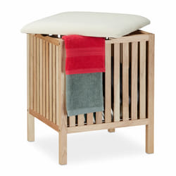 Panier à linge avec siège, Tabouret de salle de bain, rangement, 40l, bois/tissu, 51x41x41 cm, naturel/blanc - Relaxdays