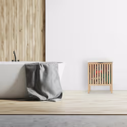 Panier à linge avec siège, Tabouret de salle de bain, rangement, 40l, bois/tissu, 51x41x41 cm, naturel/blanc - Relaxdays