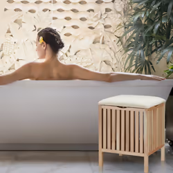 Panier à linge avec siège, Tabouret de salle de bain, rangement, 40l, bois/tissu, 51x41x41 cm, naturel/blanc - Relaxdays