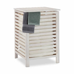 Panier à linge en noyer, corbeille à vêtements avec couvercle, 52 l, vintage, sac amovible, blanc - Relaxdays
