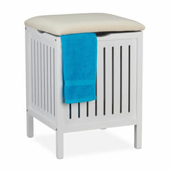 Panier à linge avec siège, de style campagnard, corbeille, bois et tissu, tabouret de bain HxlxP 55x41x41 cm - Relaxdays