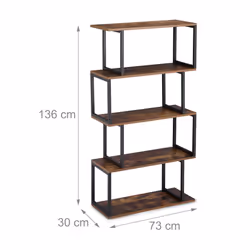 Relaxdays - Etagère, bibliothèque, design industriel, 5 supports, mdf et métal, HxlxP136x73x30cm,étagère droite, brun/noir - Vue supplémentaire 4