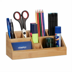 Relaxdays Organiseur de bureau, porte-stylos en bambou carré, 10 compartiments, design moderne, 9,5 x 23 x 9 cm, nature