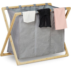 Relaxdays - Panier à linge, collecteur à vêtements pliant avec 3 compartiments, 3x28 l, Trieur, 57,5x69x38 cm, gris/nature