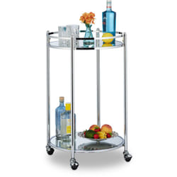 Chariot cuisine, rond, desserte avec 2 étages, acier, bar roulant avec 4 roulettes, métal, 75 x 50 cm, argenté - Relaxdays