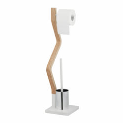 Relaxdays Brosse WC et dérouleur papier, ensemble autonome, bois et acier, HLP 75 x 18,5 x 18,5 cm, blanc/nature