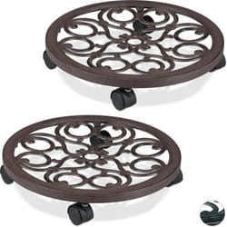 Relaxdays - Support roulant plantes rond, lot de 2, en métal, plateau roulant pots à fleurs, aspect antique, brun