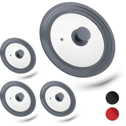 Lot de 4 couvercles universels, verre, universel, rebord silicone, trou vapeur, Casseroles, poêles, d 20-24 cm, gris