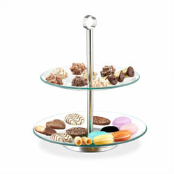 Serviteur gâteau, 2 étages, rond, verre, inox, présentation de muffins, fruits, etc., transparent/argenté - Relaxdays